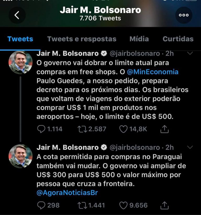A pedido de Bolsonaro, cota de compras no Paraguai vai aumentar para US$ 500
