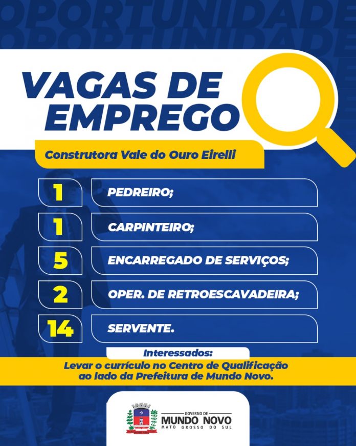 Vagas de emprego em Mundo Novo por construtora que executará segunda etapa do saneamento básico
