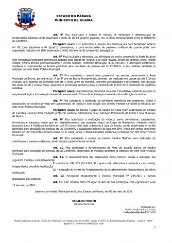 Em Guaíra entra em vigor o Decreto Municipal nº 252/2021
