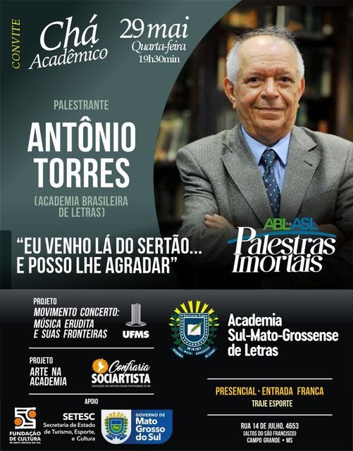 ANTÔNIO TORRES, DA ABL, EM CAMPO GRANDE – 29 DE MAIO, ÀS 19H30