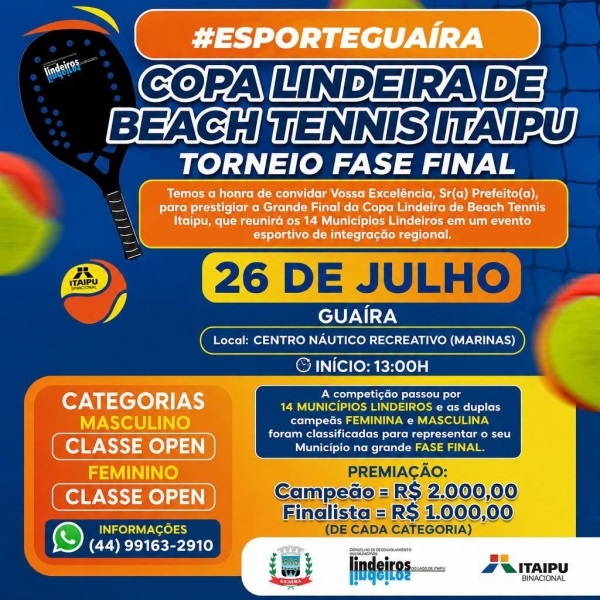 Finais da Copa Lindeira de Beach Tennis serão disputadas domingo em Guaíra