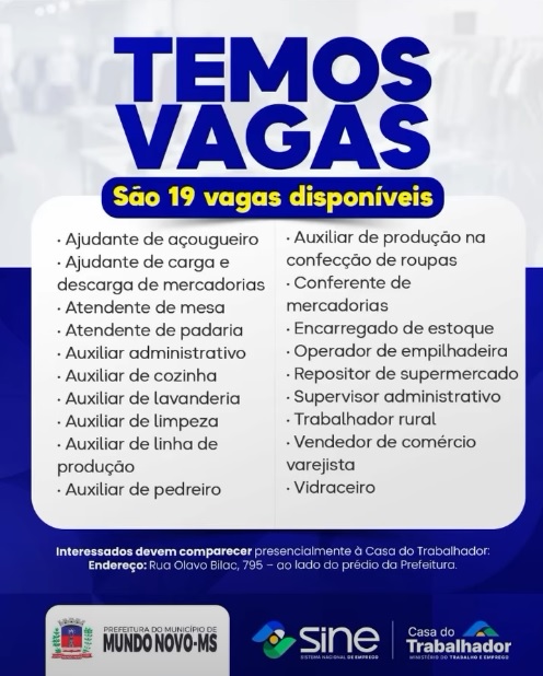 Procurando emprego? Casa do Trabalhador oferece 19 oportunidades em Mundo Novo