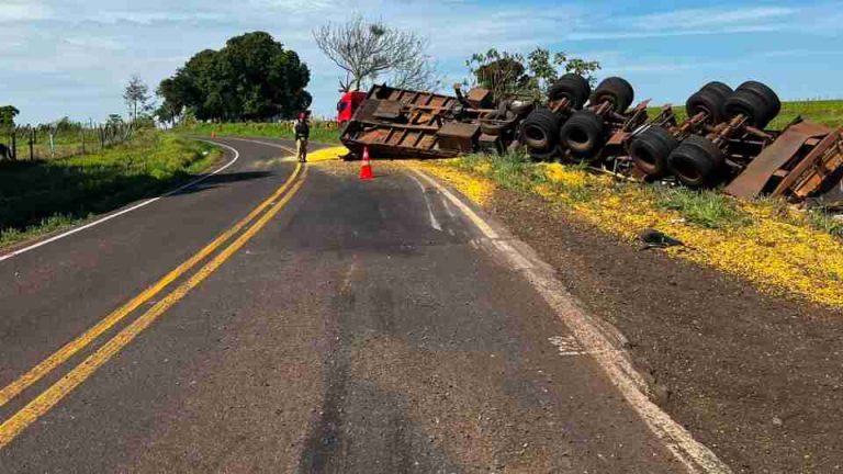 Carreta tomba ao sairr da pista e atingir árvores, cerca e poste em Terra Roxa