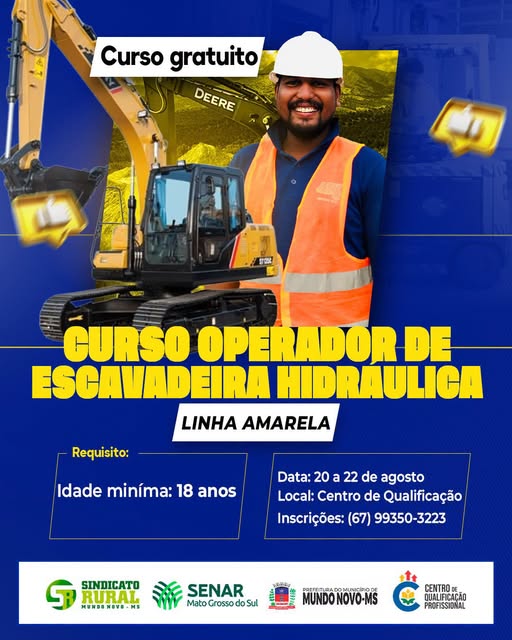 Curso gratuito de Operador de Escavadeira Hidráulica é oferecido em Mundo Novo